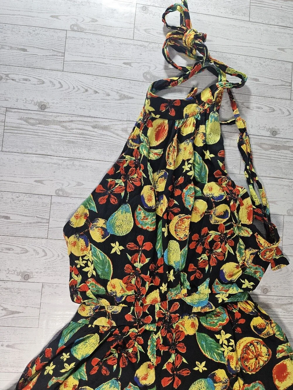 Free People Romper Womens XS Black Yellow Coral Tides Halter Fruit Floral Casual